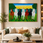 A large framed painting of seven horses in a field under a bright sun, displayed on a beige wall above a cream sofa in a modern living room setting.