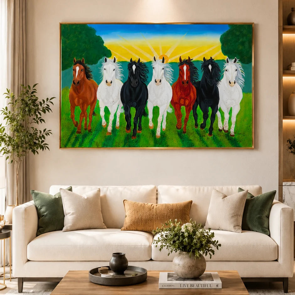 A large framed painting of seven horses in a field under a bright sun, displayed on a beige wall above a cream sofa in a modern living room setting.