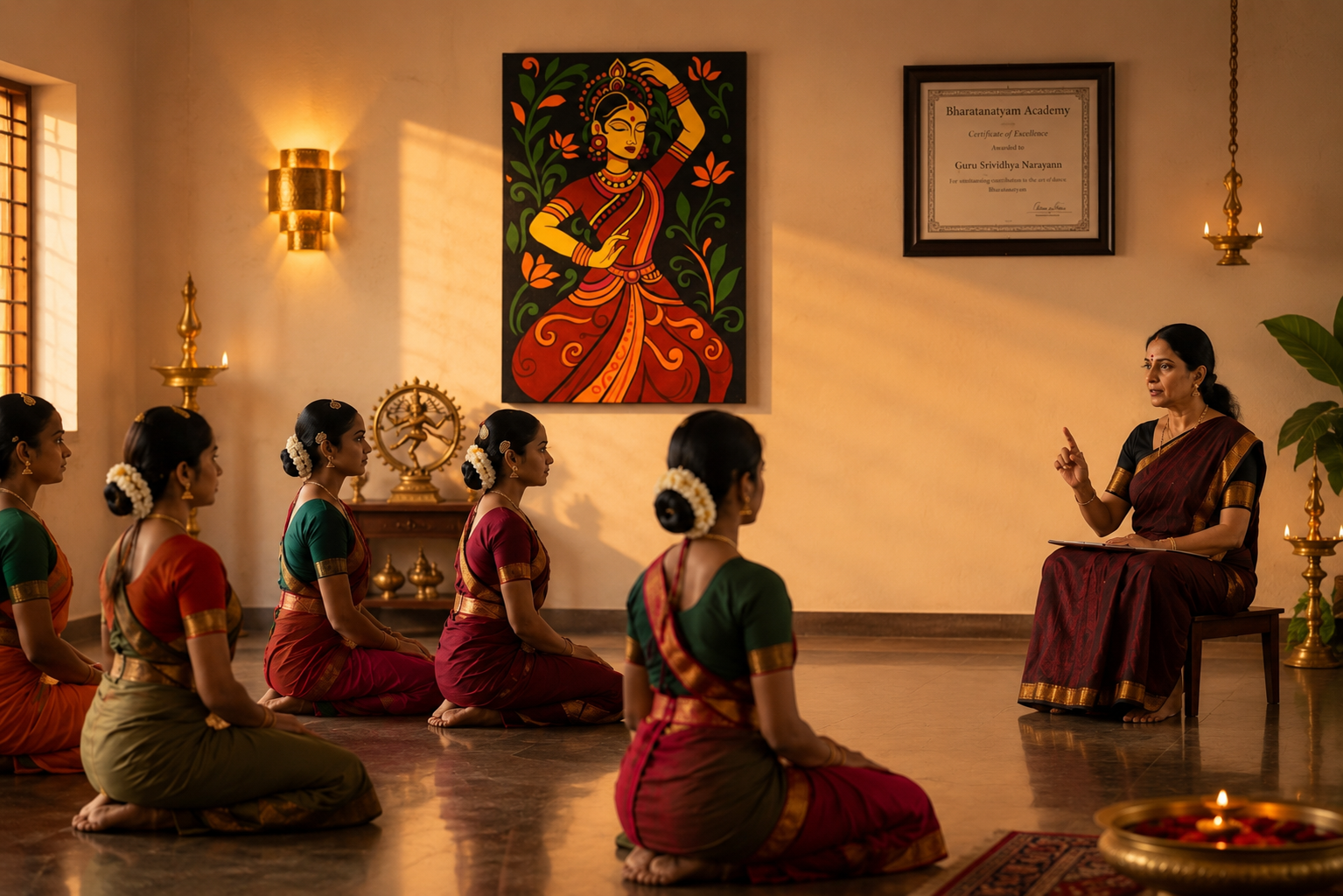 Traditional dance instructor teaching students in a decorated room with art on the wall.
