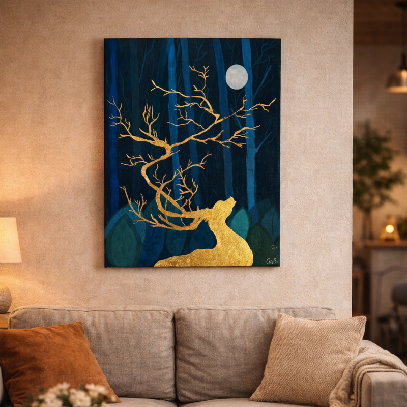 Canvas painting of a stylized deer in a forest with a full moon hanging above a sofa.