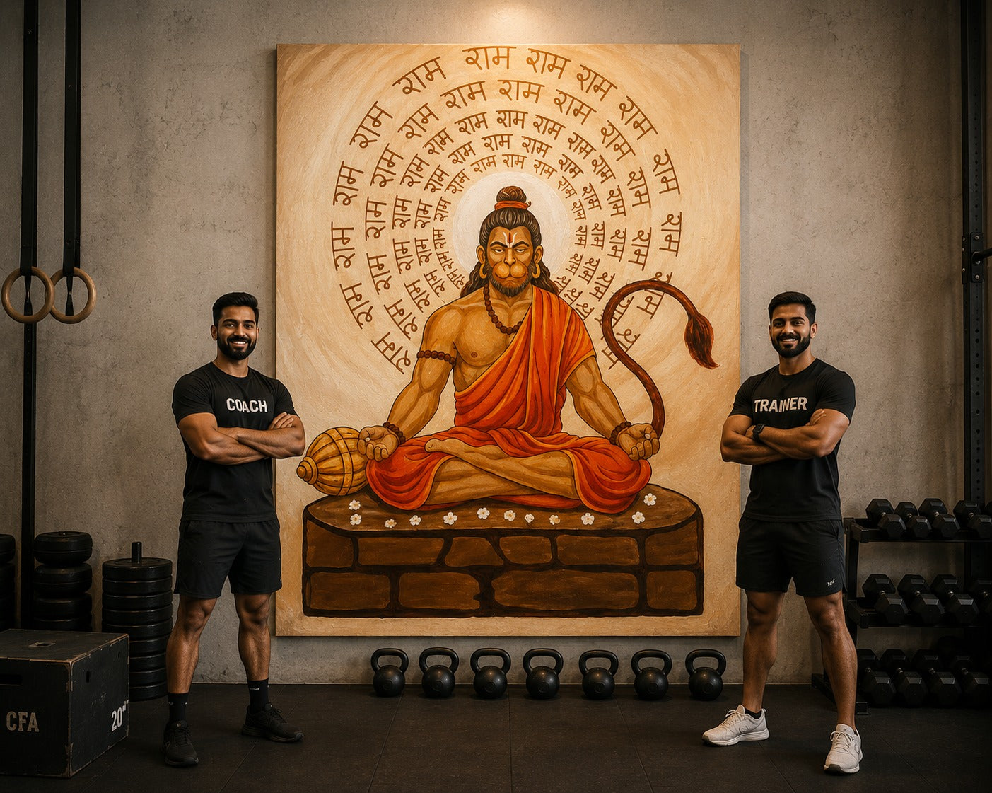 Two men standing in a gym with a large mural of a seated figure on the wall.