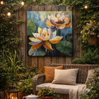 Outdoor garden setting with a wicker bench, cushions, and a large painting of lotus flowers on a wooden wall.