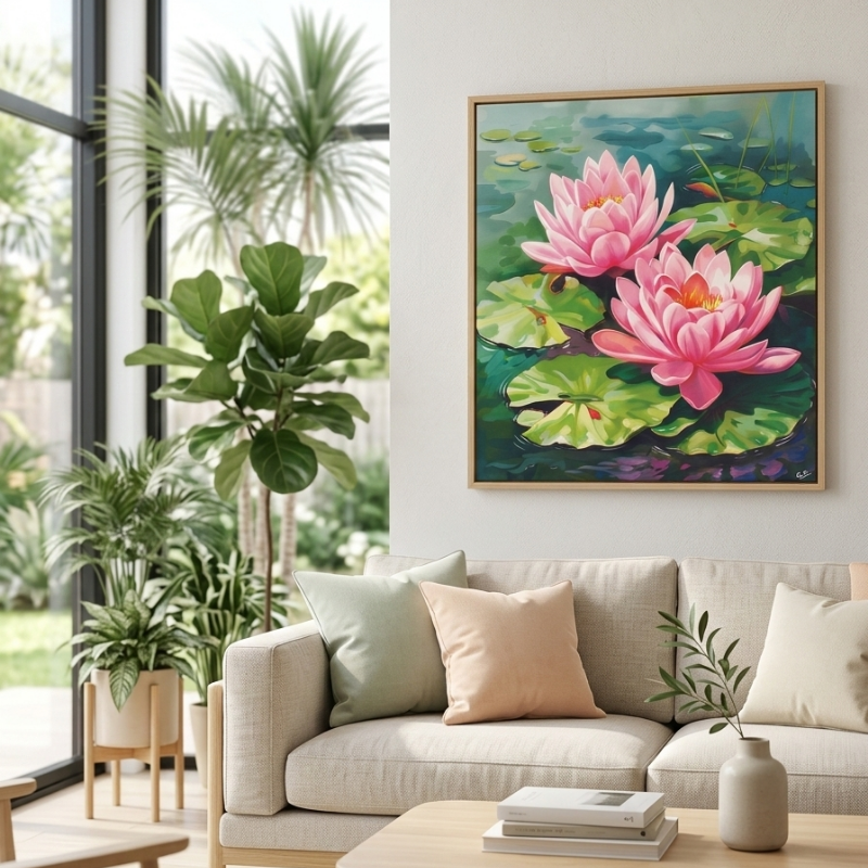 Living room with a couch, plants, and a painting of pink water lilies on the wall.