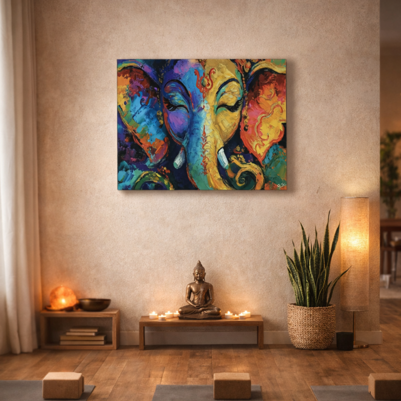 Colorful abstract painting of Meditating Ganesha on a wall in a meditation room.