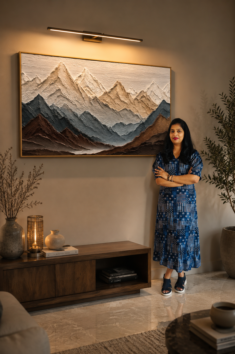Woman standing in a living room with a large mountain painting on the wall.
