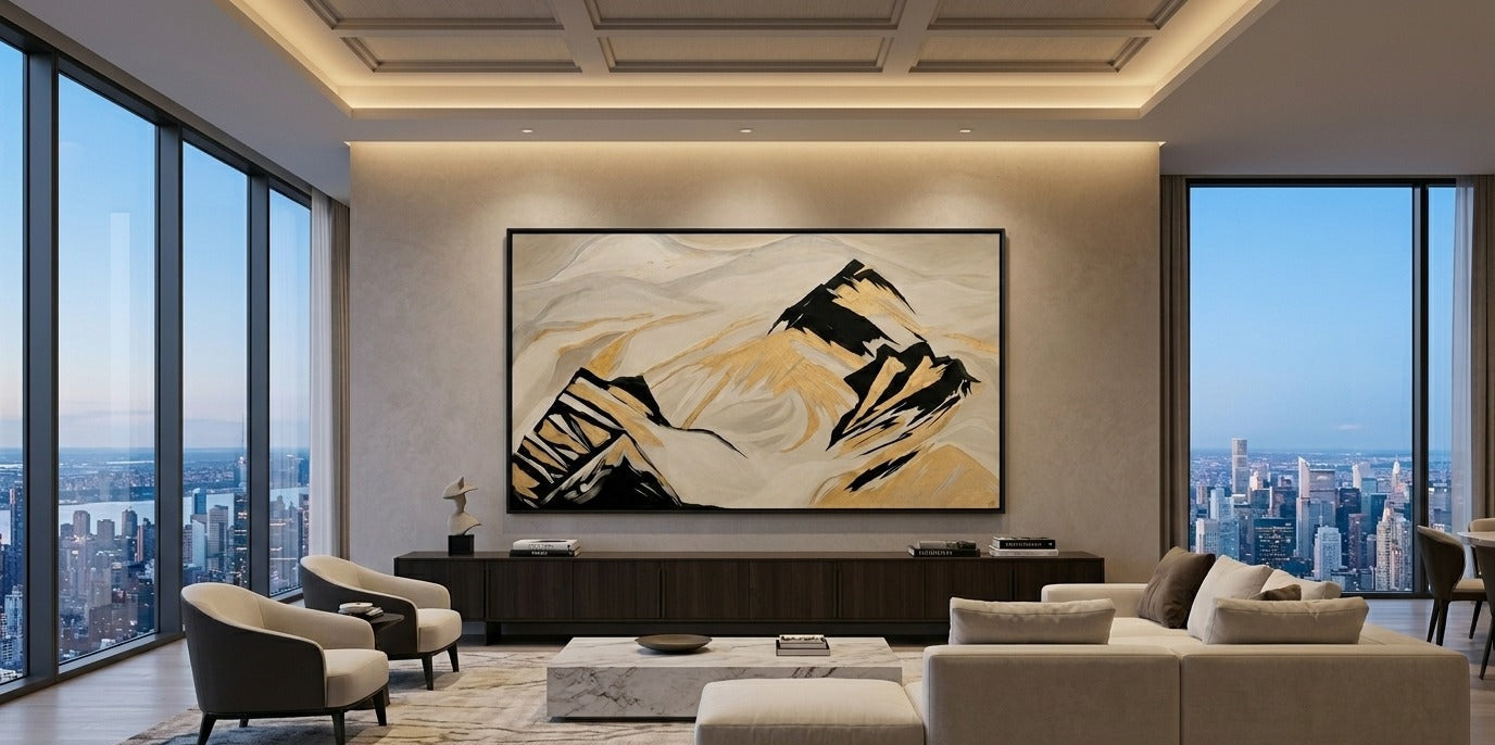 Modern living room with large abstract painting, cityscape view, and stylish furniture.
