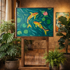 Framed artwork of two colorful fish on a stand in a room with plants