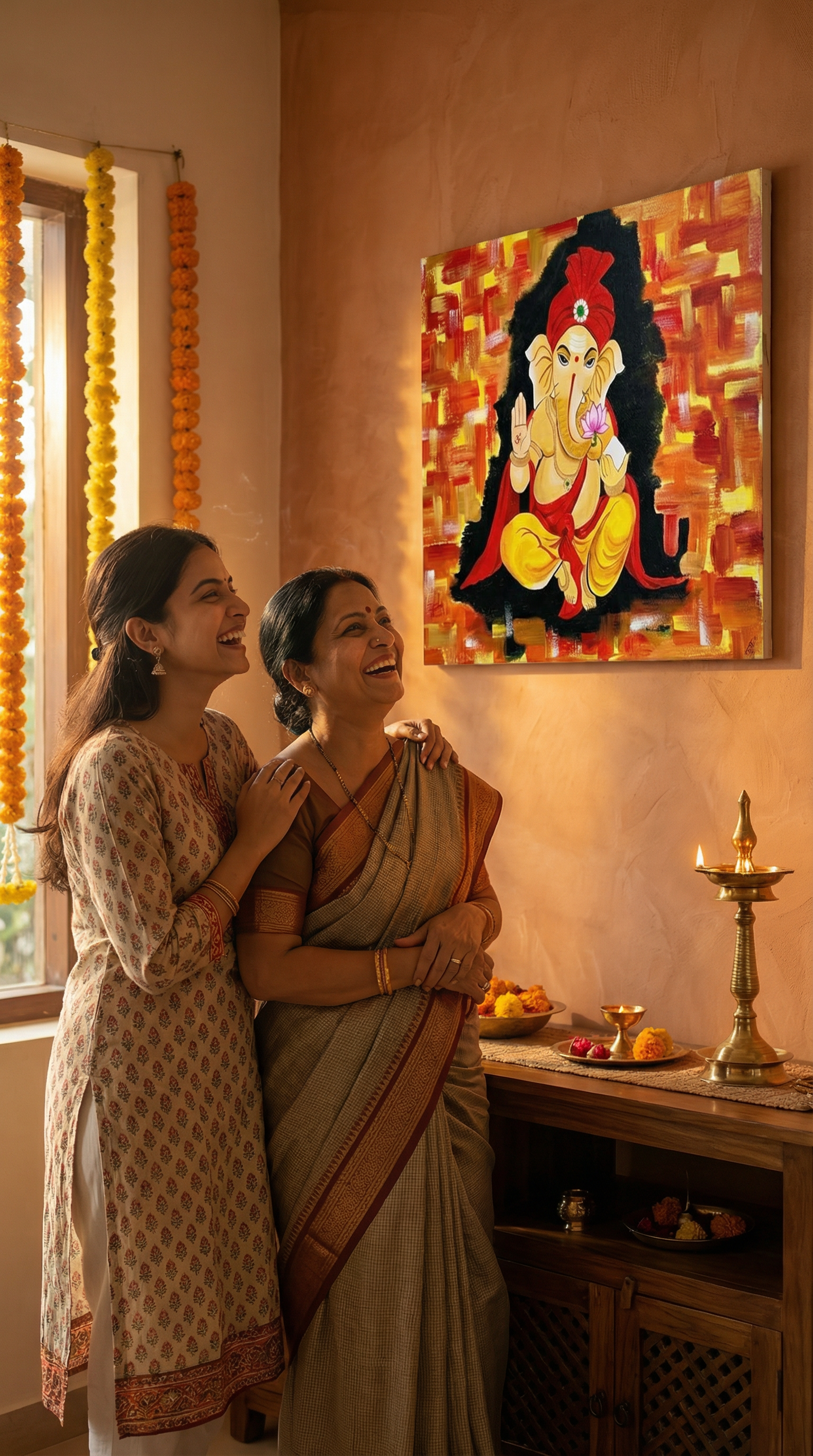 Two women in traditional attire standing in a room with a colorful painting of a deity on the wall.