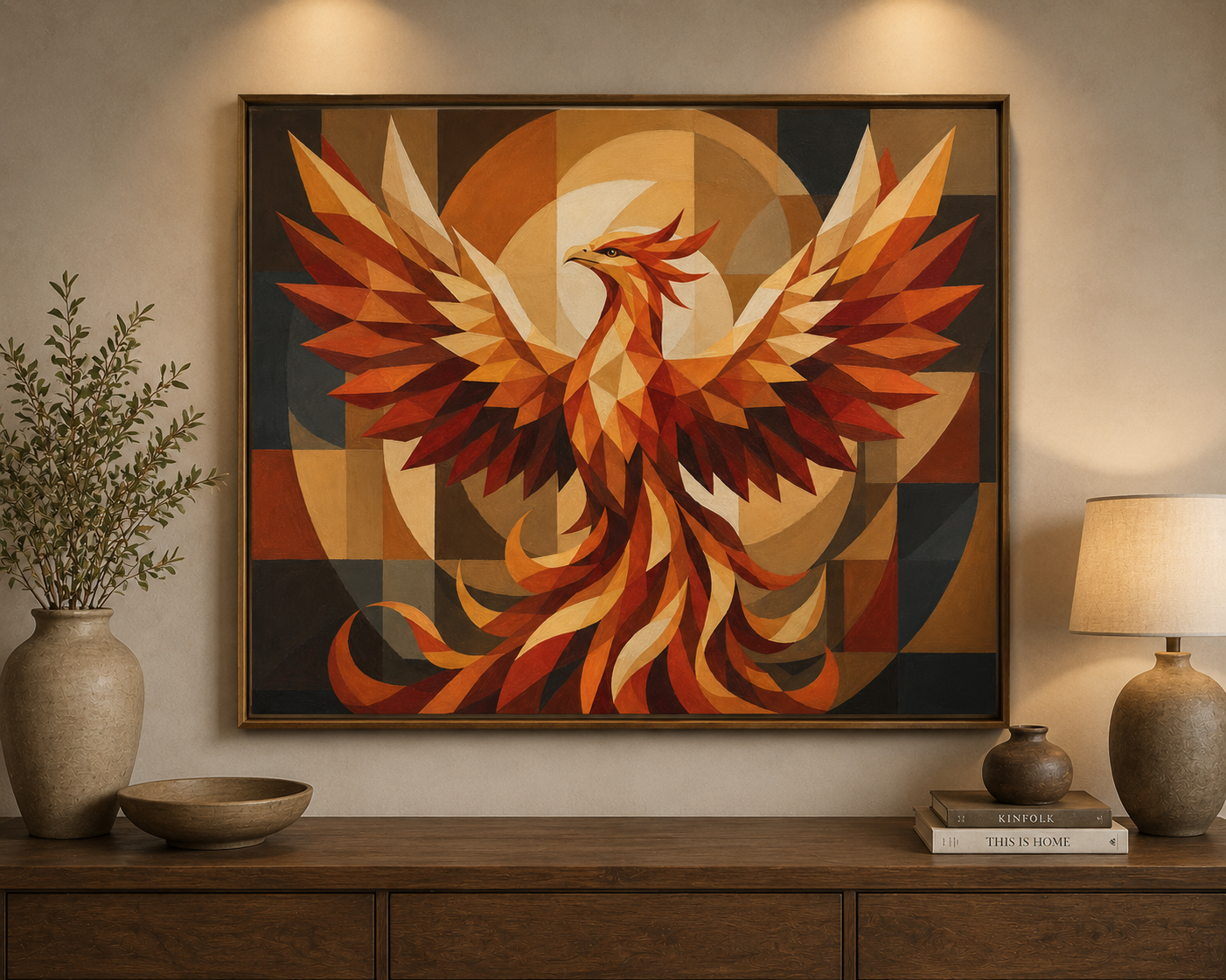 Colorful phoenix artwork on a wall above a wooden console table with decorative items.