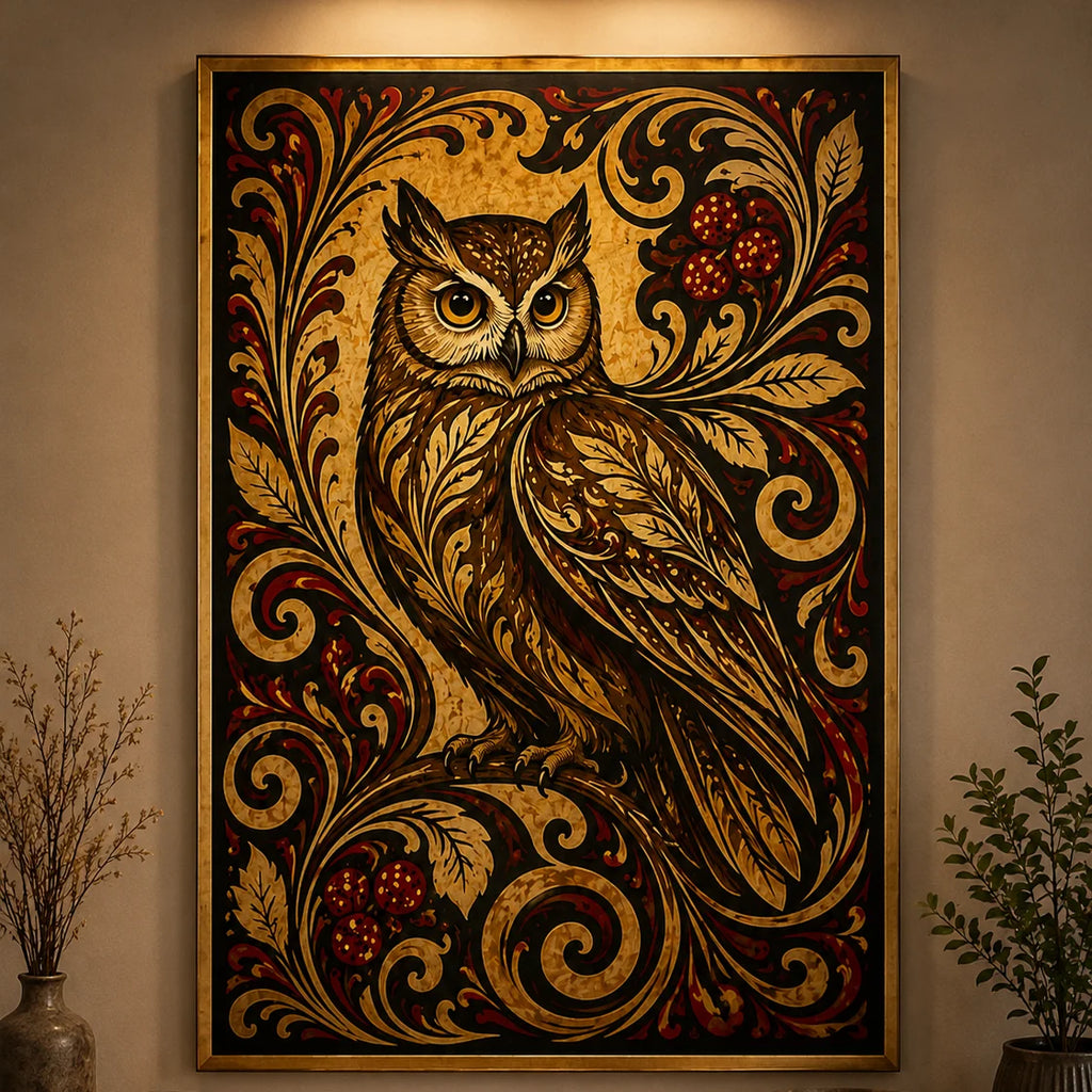 A framed wall artwork featuring a detailed owl surrounded by ornate gold, brown, and red botanical swirls, displayed on a beige wall with decorative plants at the sides.