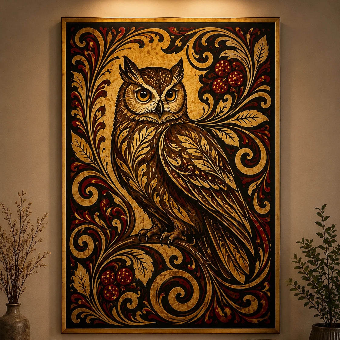 A framed wall artwork featuring a detailed owl surrounded by ornate gold, brown, and red botanical swirls, displayed on a beige wall with decorative plants at the sides.