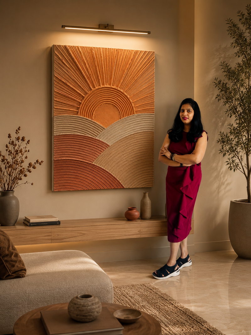 Woman standing in a modern living room with a decorative wall art piece.