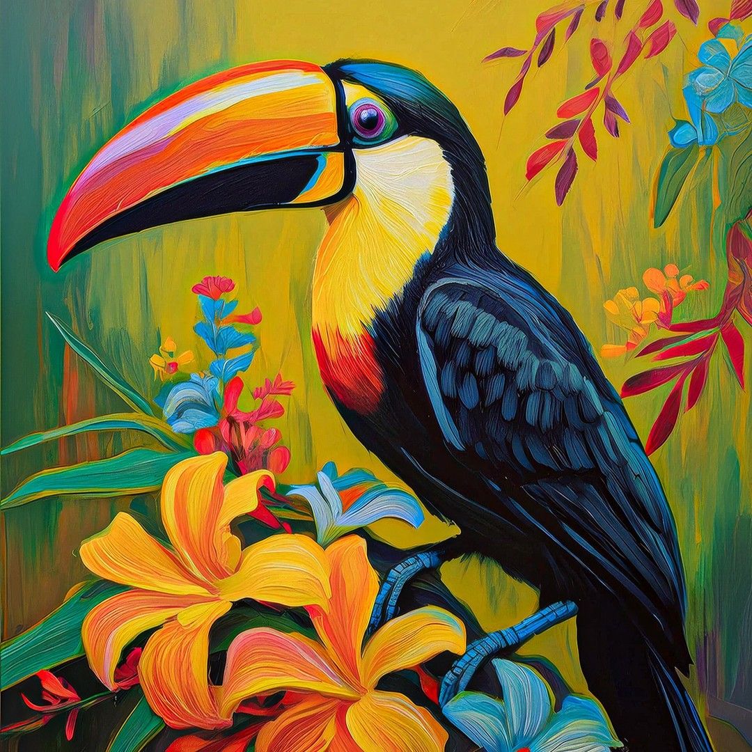 Colorful toucan painting with vibrant flowers and leaves