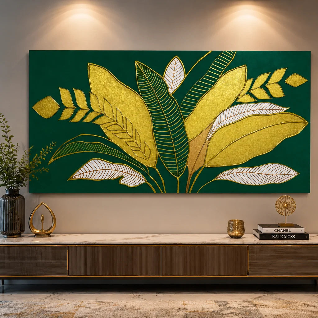 Large rectangular wall art featuring stylized tropical leaves in metallic gold and white on a deep green background, displayed above a console table in a modern interior setting.