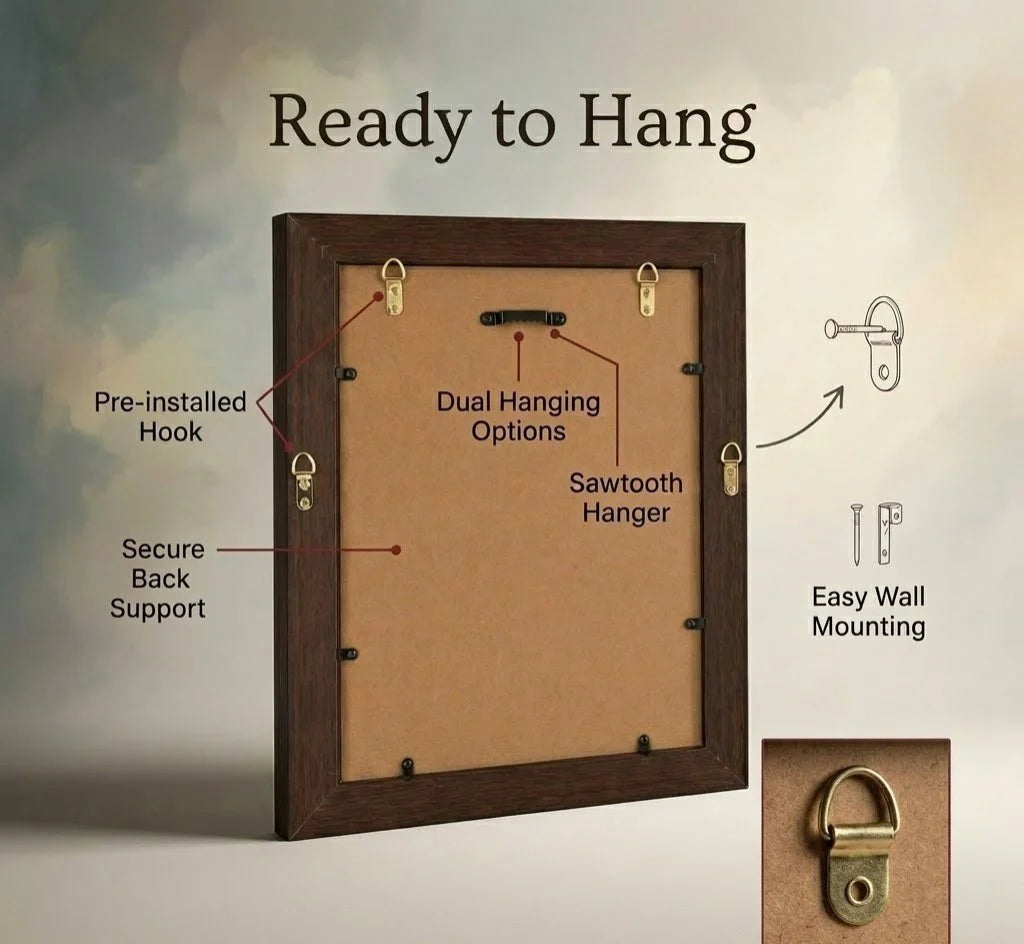 Wooden picture frame with features highlighted on a neutral background