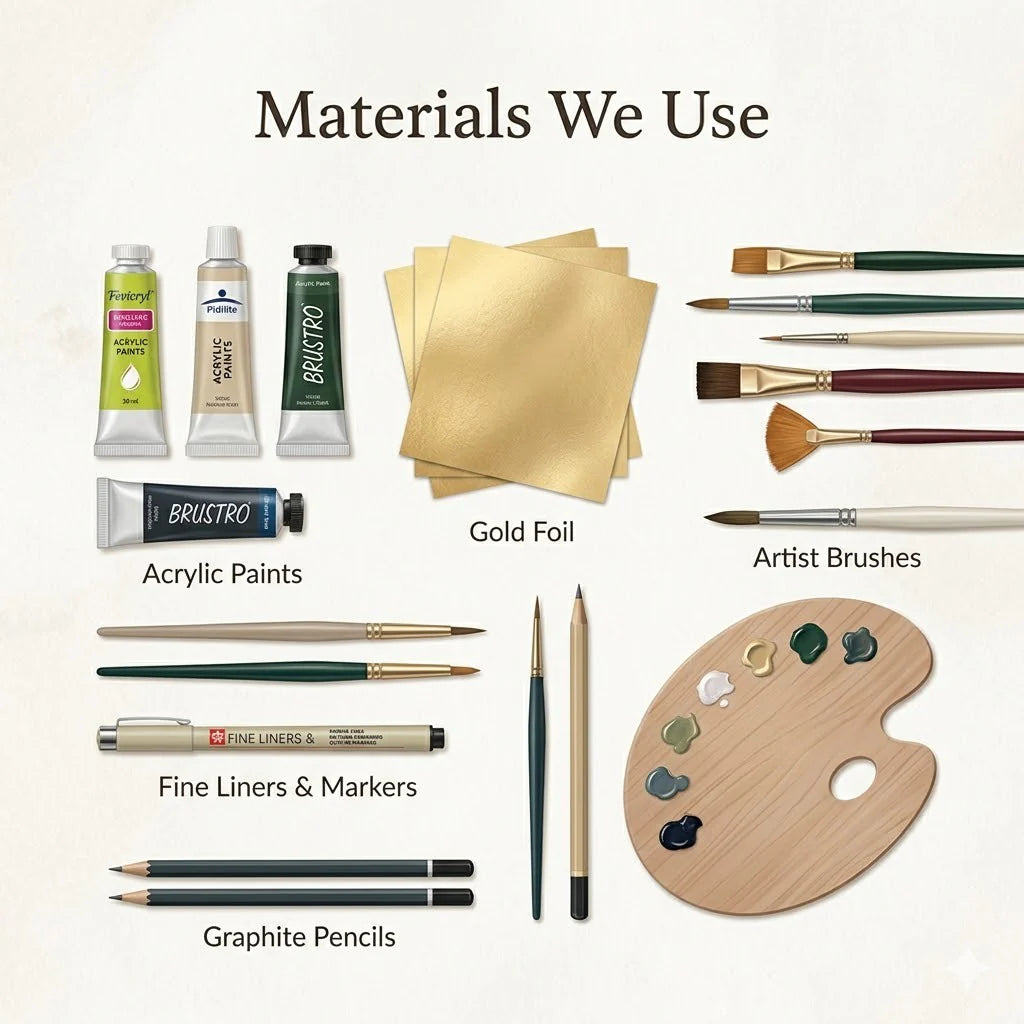 Collection of art materials including acrylic paints, gold foil, artist brushes, fine liners, markers, graphite pencils, and a palette on a white background.