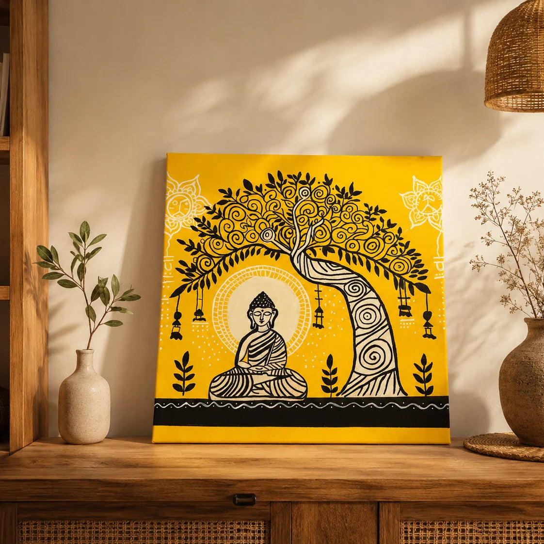 A square yellow wall art print featuring a black and white Buddha seated under a decorative tree, displayed on a wooden console table in a warm, styled interior with vases and a hanging lamp.