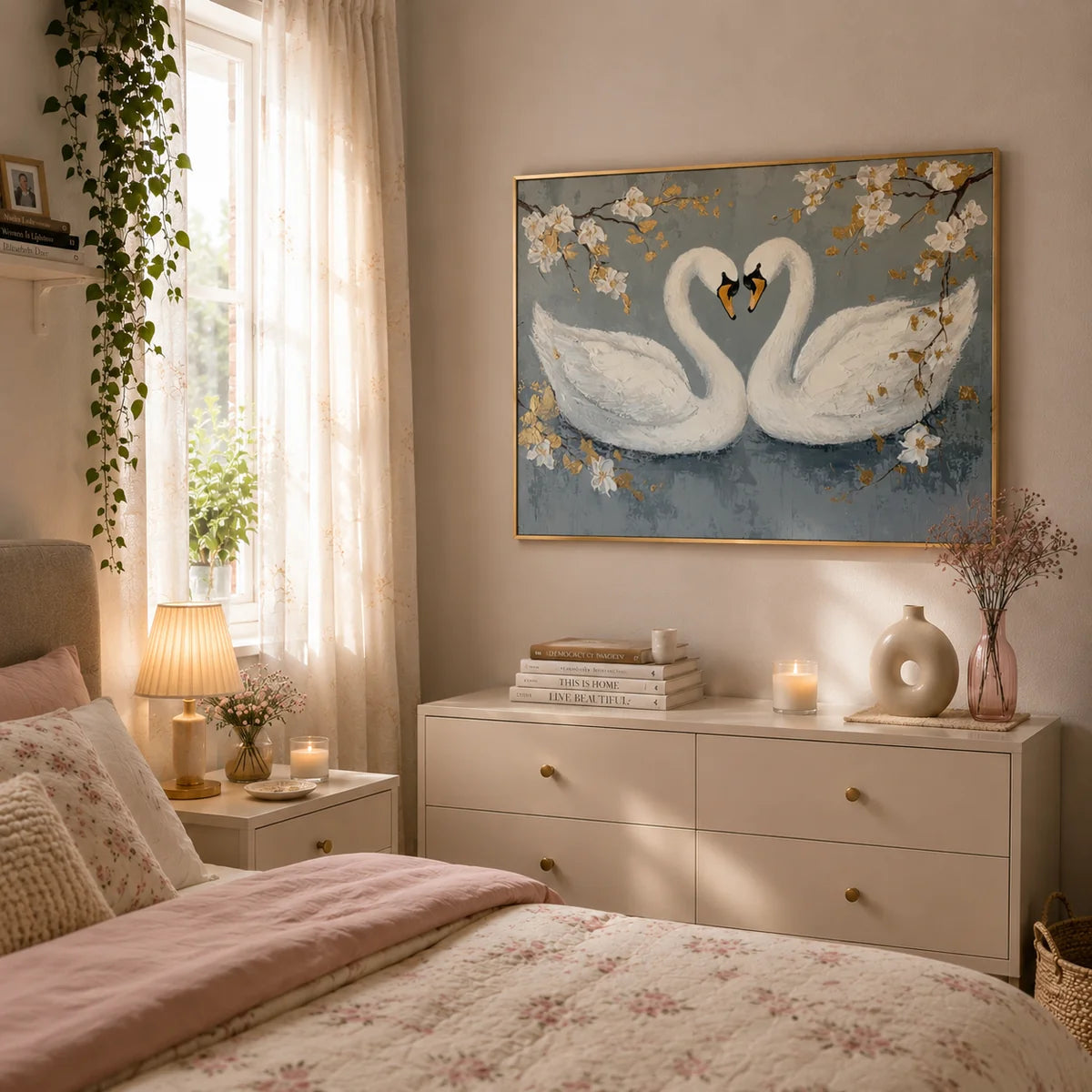 A framed wall art print depicting two white swans with their necks forming a heart shape, hanging above a cream-colored dresser in a softly lit bedroom.